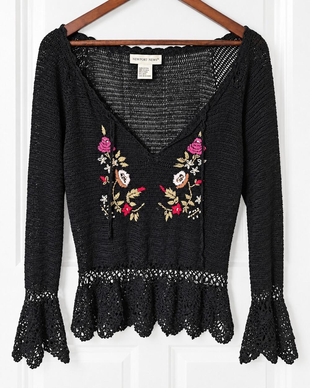 Vintage Newport News Womens M Black Crochet Floral Embroidered Bell Sleeve Y2K